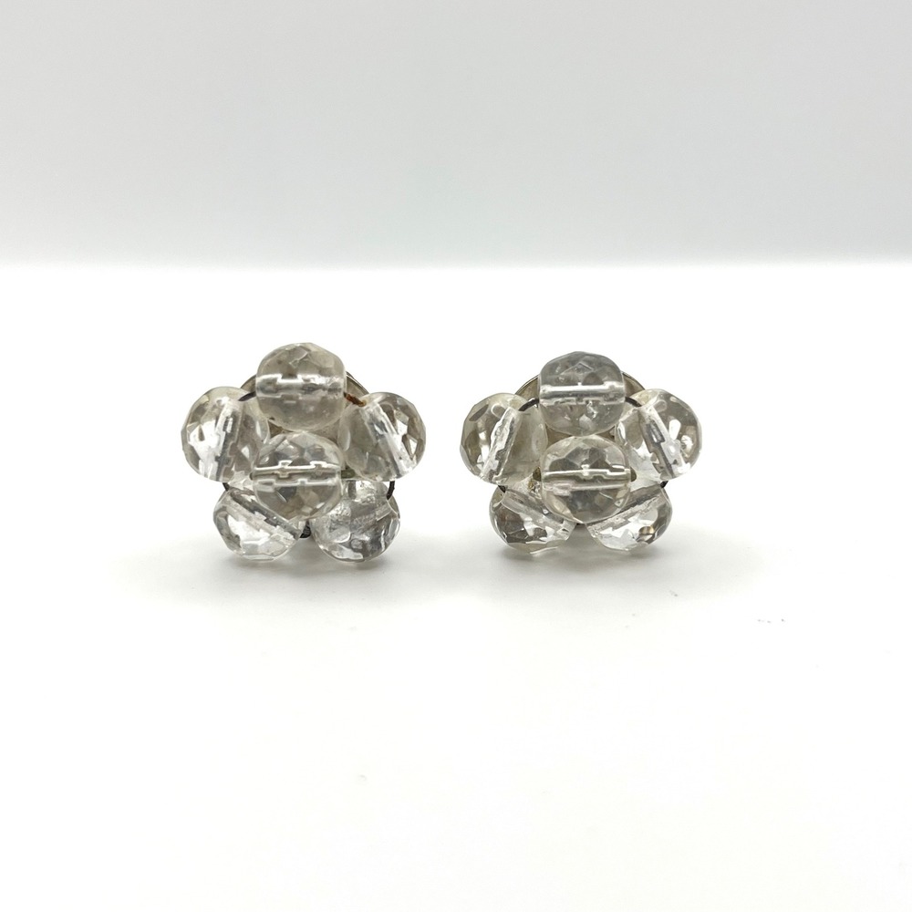 Vintage Clear Faceted Glass Bead Flower Cluster Clip On Earrings Silverโ Tone